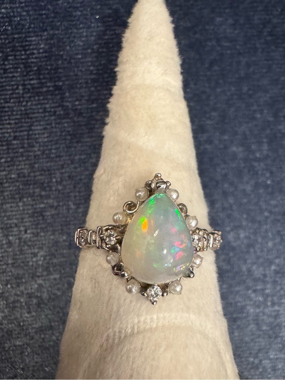 925 Opal pear halo ring seed pearl vintage style 6.75 7 Victorian Silver s925